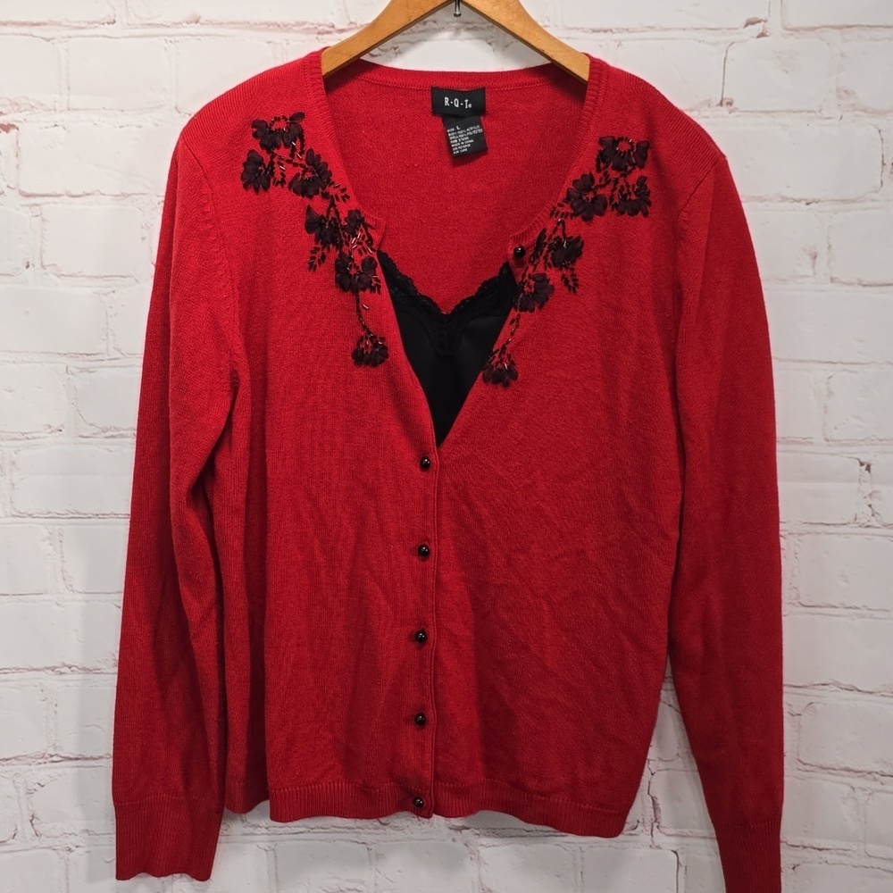 R Q T Red Beaded Cardigan Sweater